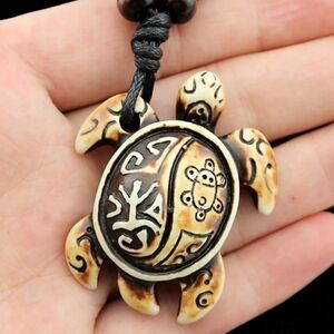 Yak Bone Carved Sea Turtle Hawaiian Beach Adjustable Cord Necklace Amulet